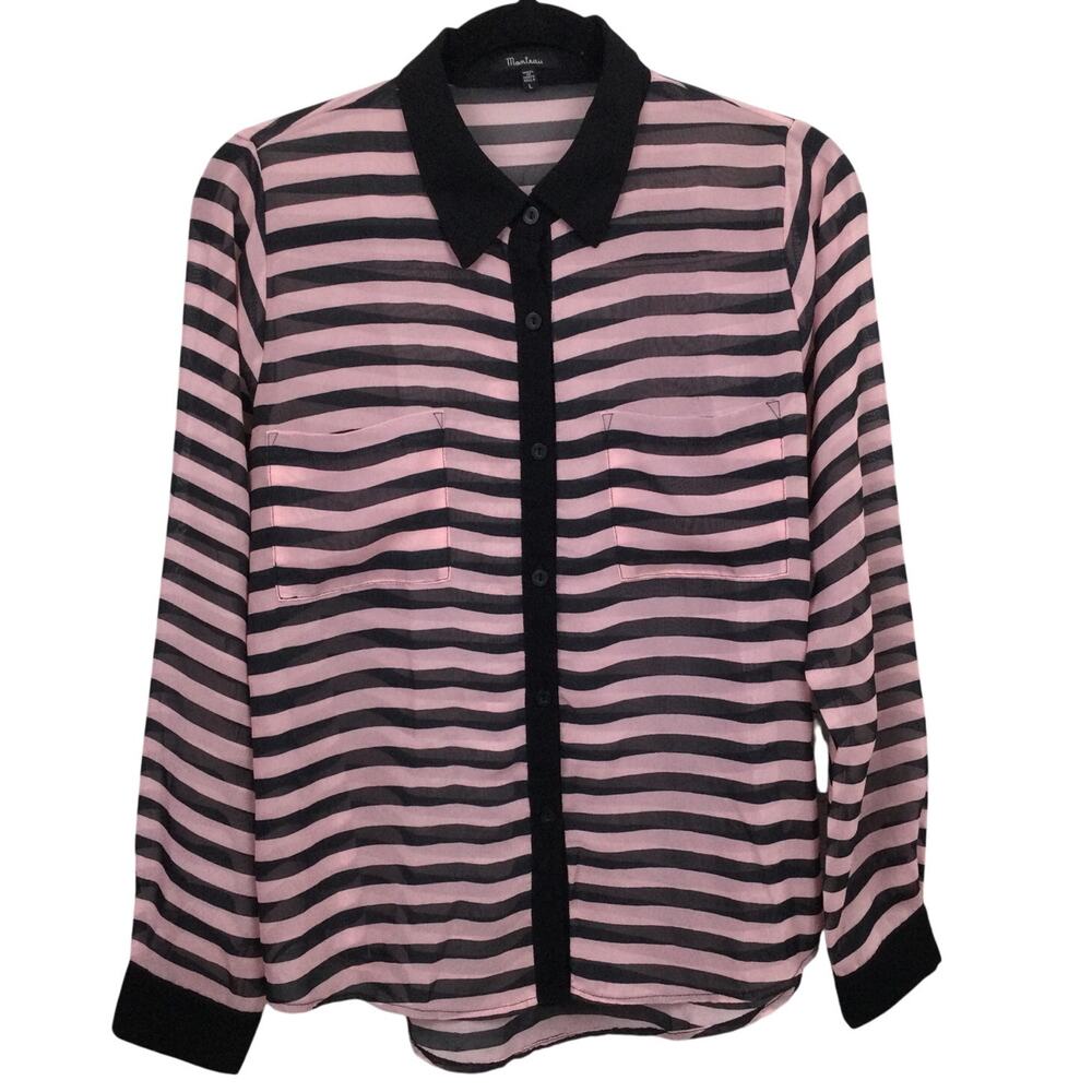 Monteau Sheer Sailor Stripe Collared Lightweight Button Down Front Pocket Top L